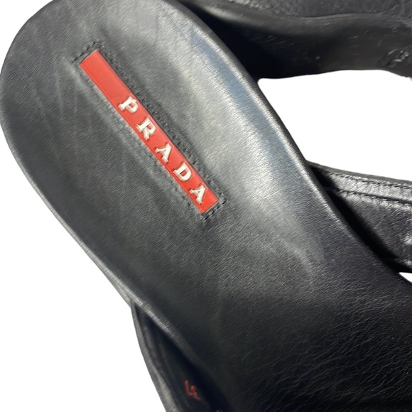 PRADA VINTAGE THONG SANDAL BLACK CANVAS THONG w/ BLACK LEATHER WRAPED WEDGE SZ 7 - Picture 3 of 12